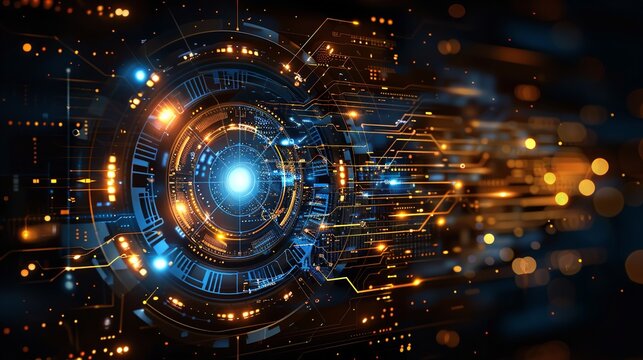 A digital art image showcasing a swirling pattern of intricate circuits, glowing in shades of blue and orange