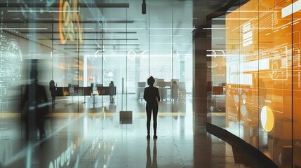 John Stuart Mill Utilitarian philosophy , a woman standing in a high tech illustrative office environment depicting the concept of greater good and life balance in pie chart and technology