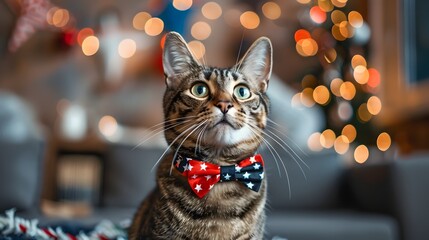Festively Dressed Cat with Bow Tie in Cozy Holiday Setting