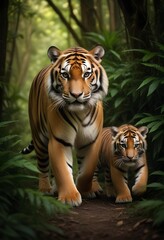 Obraz premium A large adult Bengal tiger and a smaller tiger cub walking through a lush, green forest environment
