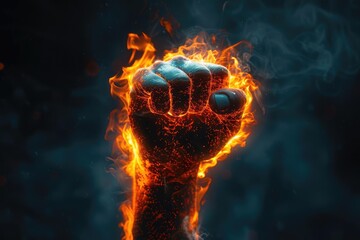 Close-up of a clenched fist engulfed in flames, symbolizing power, strength, and determination against a dark, smoky background.