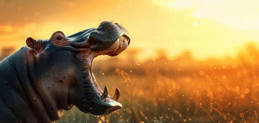 Close-up of a hippopotamus yawning with a beautiful sunset in the background, highlighting the serene African landscape and wildlife.