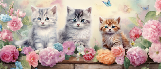 Three kittens are sitting on a wooden bench next to a bouquet of flowers