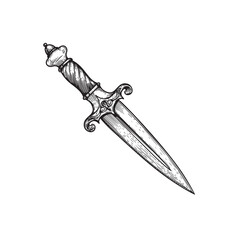 Vintage dagger. Hand drawn sketch style medieval weapon. Best for tattoo and retro historical designs. Vector illustration isolated on white.