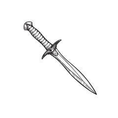 Vintage dagger. Hand drawn sketch style medieval weapon. Best for tattoo and retro historical designs. Vector illustration isolated on white.