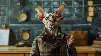 Surreal of a Sphynx Cat Teacher Wearing School Attire in a Classroom Setting