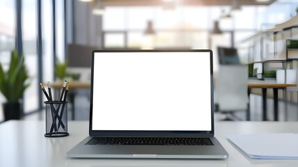 Elegant laptop, documents, pencil holder on white desk; contemporary workspace, calming lavender tones.Mockup laptop computer on working space.