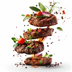 Grilled Steaks with Herbs and Spices on White Background. Generative ai