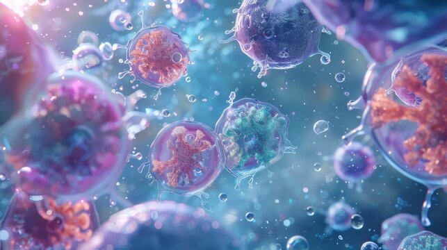 Dramatic image of multiple B and T lymphocytes releasing antibodies and off cells during activation