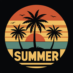 Retro Sunset Summer design with Palm Tree