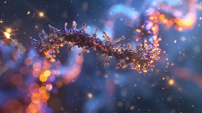 A detailed visualization of a helicase enzyme unwinding a section of damaged DNA for repair