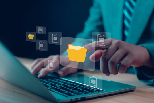 businessman working on documents, management, files, data, folders, sharing, digital, information, electronic document management, database, online documents paperless office concept