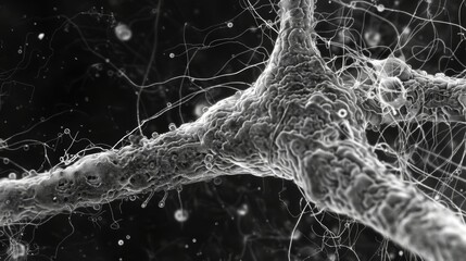A transmission electron microscopy image of a synapse showing ion channels in the postsynaptic membrane receiving neurotransmitter signals from the presynaptic neuron