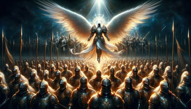 Epic angelic warrior leading an army of knights