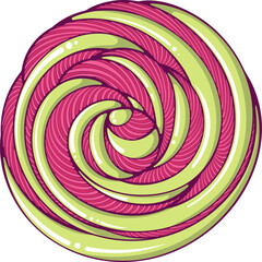 Pink green lollipop, meringue or whipped cream top side view. Decorative striped spiral. Vector illustration of dessert in cartoon flat style isolated on white.
