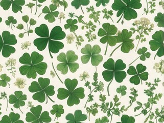 Fototapeta premium A festive clover-themed design featuring a variety of green clovers on a white backdrop, ideal for celebrating St. Patrick's Day