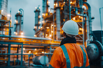 Back view of engineer wearing safety clothes and hardhat at  petroleum, chemical, hydrogen industrial plant. Industrial zone area