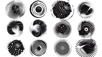 Vector set of black halftone circular shapes. dots and spirals isolated on white background. Abstract vector design elements for graphic or web banner design 