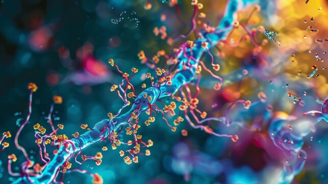 A highmagnification image of a cell with brightlylabeled ubiquitin molecules busy marking target proteins for degradation