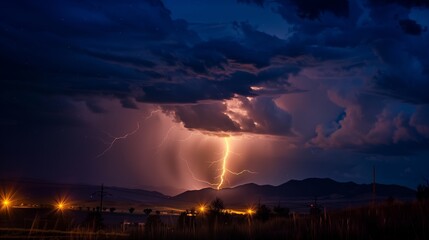 Lightning illuminates the night sky over distant mountains, showcasing nature's raw, dramatic power.