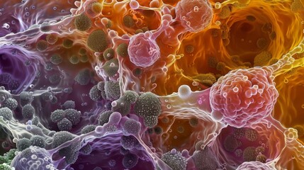 Cancer cells breaking through the bat membrane and infiltrating surrounding tissue