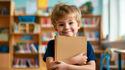 boy in a kindergarten class room hugging a book , clean cover book mockup