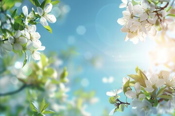 Beautiful blossoming branches with white flowers in the sunlight. Capturing the essence of spring. Ideal for nature-themed projects. A serene, dreamy visual. Generative AI