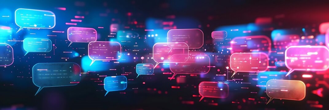 abstract digital communication background with speech bubbles and chat messages