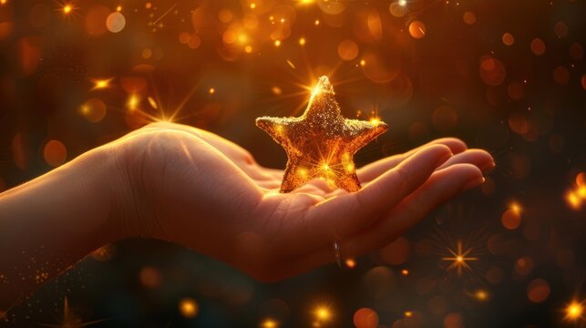 A hand with shining stars Product quality score symbol High level of customer service