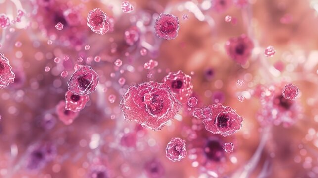 A microscopic view of a colony of megakaryocytes derived from the differentiation of hematopoietic stem cells with distinct nuclei and visible platelets
