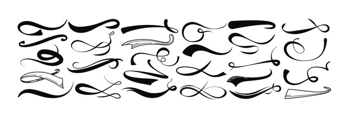 Sports swash tails, baseball swoosh in retro style. Underline wave line, black calligraphic swirl for football or athletics. Hand drawn curly swishes typographic set. Logo typography vector elements.