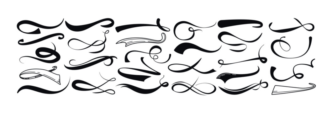Sports swash tails, baseball swoosh in retro style. Underline wave line, black calligraphic swirl for football or athletics. Hand drawn curly swishes typographic set. Logo typography vector elements.