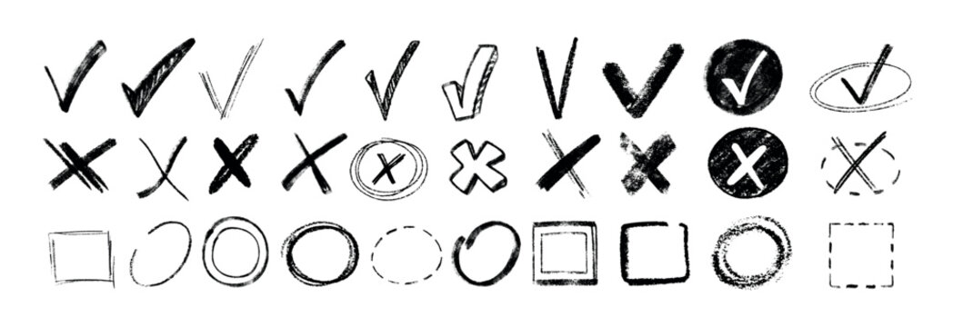 Doodle chalk check mark set. Black charcoal pencil check boxes, sketch checklist icons, tick cross signs. Crayon grunge checkmark elements. Hand drawn checkbox vote marks, correct or incorrect symbols
