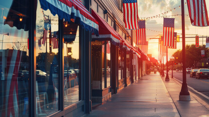 A street with many storefronts and a few cars