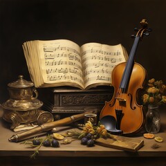 Fototapeta premium Still life with musical instruments and sheet music