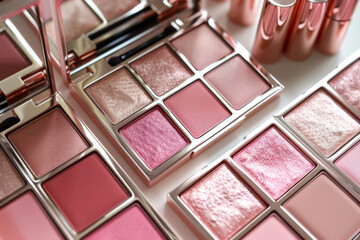 A row of small pink eyeshadow palettes with glittery eyeshadow. The palettes are arranged in a grid pattern