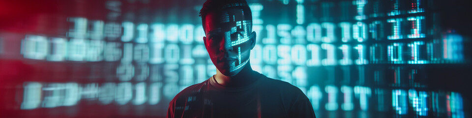Man with Code Projected on Screen