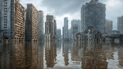 Obraz premium Flooded city, post-apocalyptic cityscape with abandoned, partially submerged skyscrapers and other buildings, due to climate change associated with global warming.