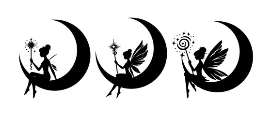 Beautiful fairy sitting on the moon silhouette black filled vector Illustration icon