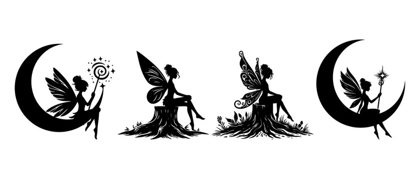 Beautiful fairy sitting on the moon silhouette black filled vector Illustration icon