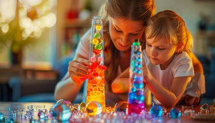Mother and daughter making colorful bubble lava lamp moving up and down.
