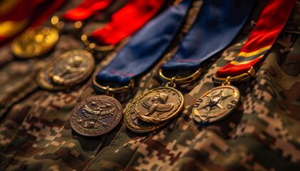 A collection of medals and ribbons are displayed on a table