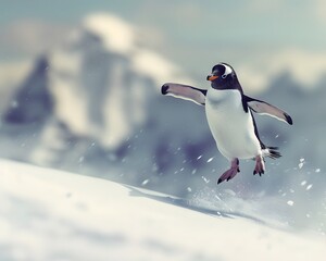 Obraz premium Illustration of Penguin in mid-air doing a kickflip, dynamic motion blur, snowy mountains in the background. Ai Generate.