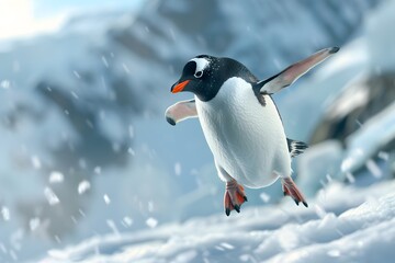 Illustration of Penguin in mid-air doing a kickflip, dynamic motion blur, snowy mountains in the background. Ai Generate.