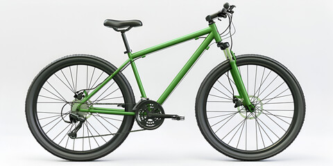  a green bicycle with a black seat and handlebars, positioned against a white background