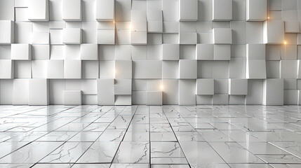 Abstract geometric white bright 3d texture wall with squares and square cubes background banner illustration with glowing lights, textured wallpaper