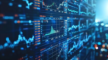 A close-up view of a digital screen displaying stock market data, showing fluctuations and graphs in real-time