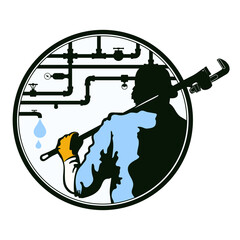 Plumber with a plumbing wrench in hand. Symbol for plumbing repair and service