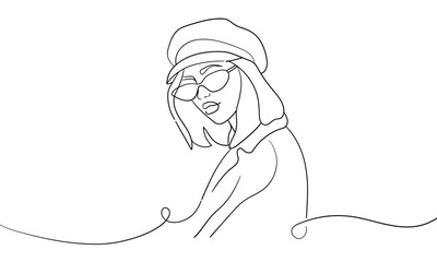 Stylish girl in a hat continuous line art drawing isolated on white background. Aristocratic Fashion woman. Vector illustration