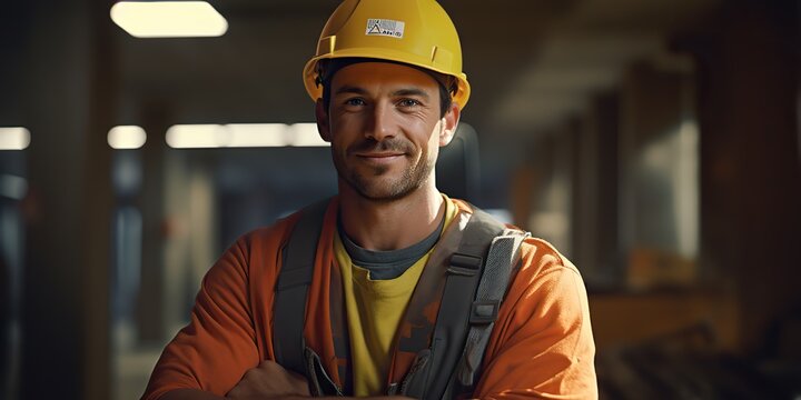 Construction worker portrait face happy but tired. Hndsome guy man looking in the camera at construction building background scene